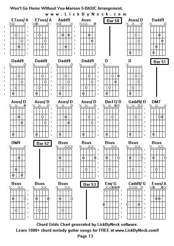 Chord Grids Chart of chord melody fingerstyle guitar song-Won't Go Home Without You-Maroon 5-BASIC Arrangement,generated by LickByNeck software.